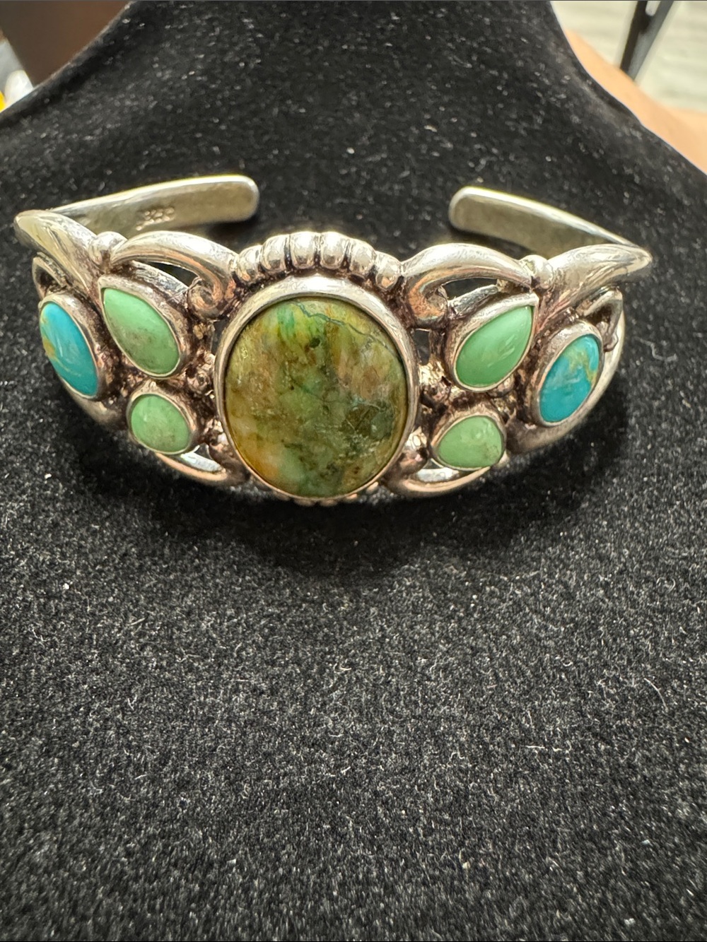 Sterling Silver Green Turquoise Stone Cuff Bracelet Carolyn, Pollock 925